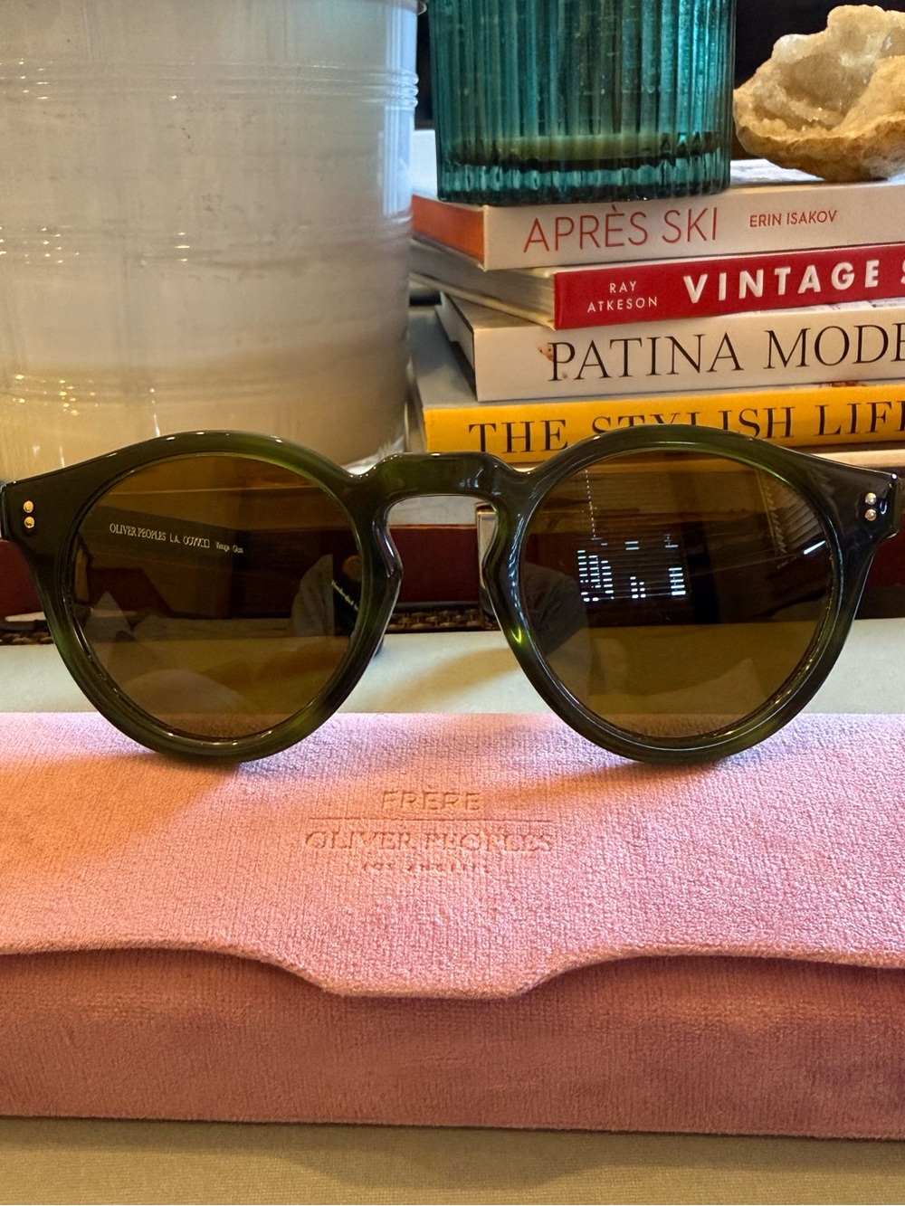 Oliver Peoples dark green round sunglasses with brown lenses